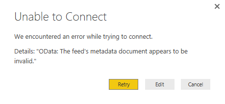 The feed's metadata document appears to be invalid.